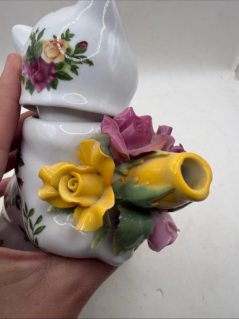 Royal Albert Old Country Roses Cat Figurine Vase Pitcher Porcelain Kitty Flowers